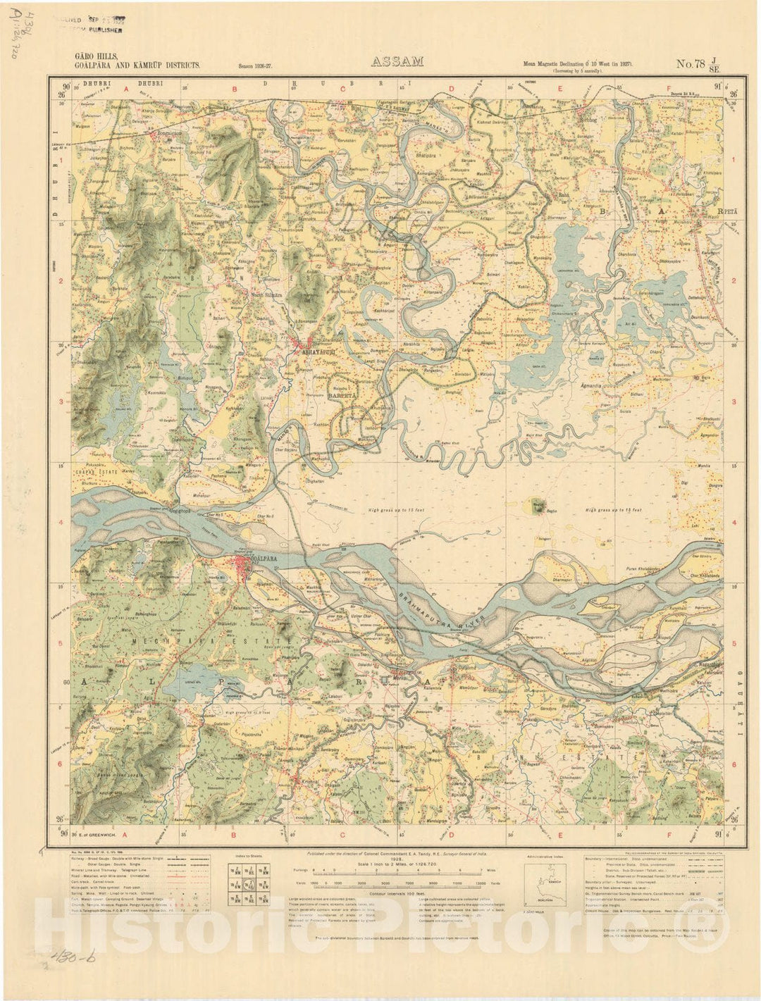 Map : Garo Hills, Goalpara and Kamrup Districts, Assam, No. 78 J/S.E. 1928, India and adjacent countries, Antique Vintage Reproduction