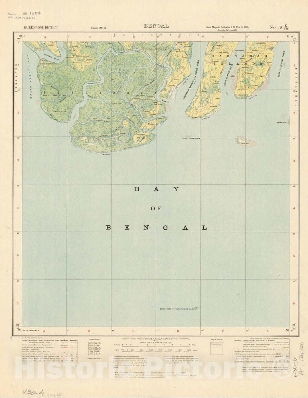 Map : Backergunge District, Bengal, No. 79 K/N.W. 1924, India and adjacent countries, Antique Vintage Reproduction