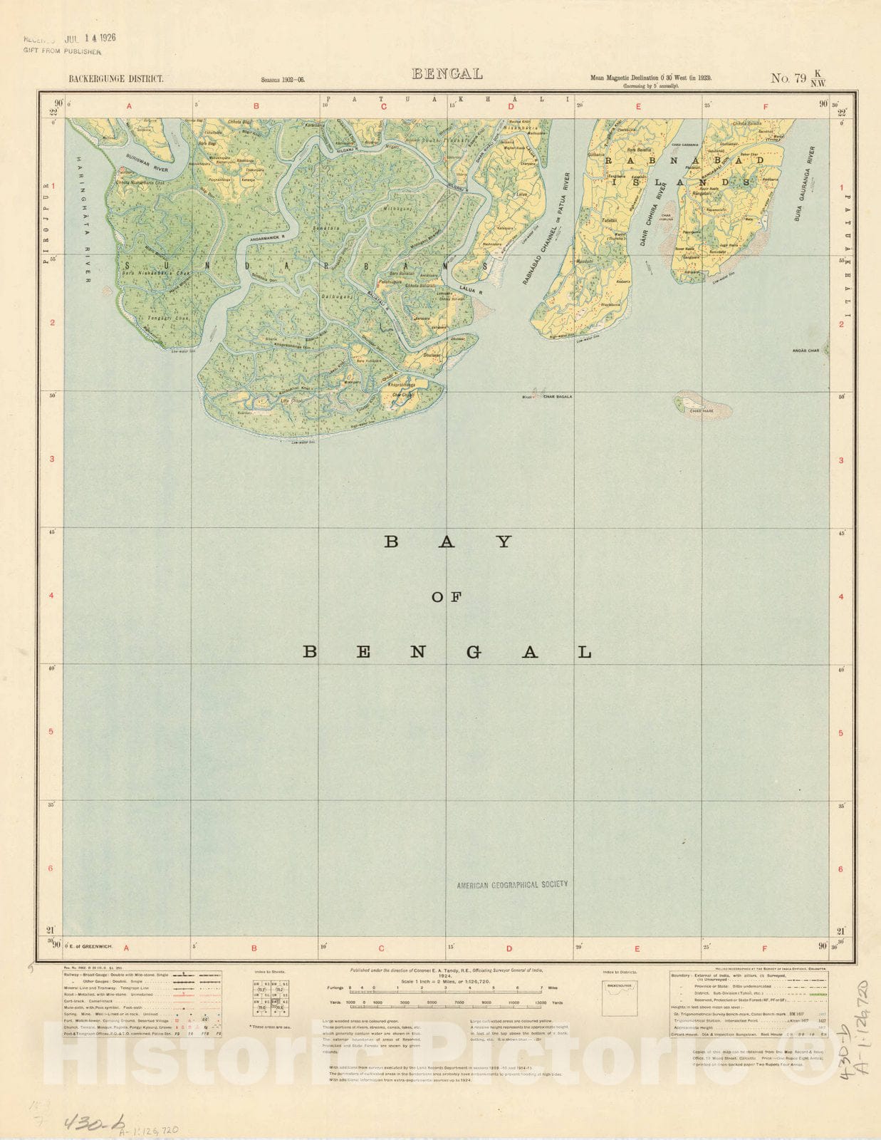 Map : Backergunge District, Bengal, No. 79 K/N.W. 1924, India and adjacent countries, Antique Vintage Reproduction