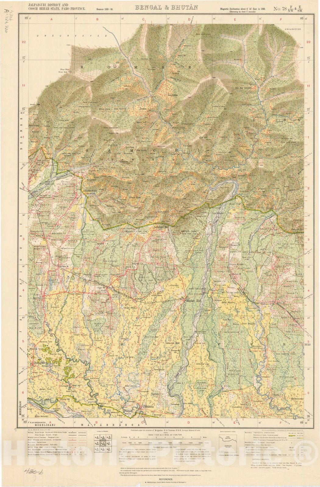 Historic Map : Jalpaiguri District and Cooch Behar State, Paro Province, Bengal & Bhutan, No. 78 F/N.W. & E/S.W. 1931, India and adjacent countries, Antique Vintage Reproduction