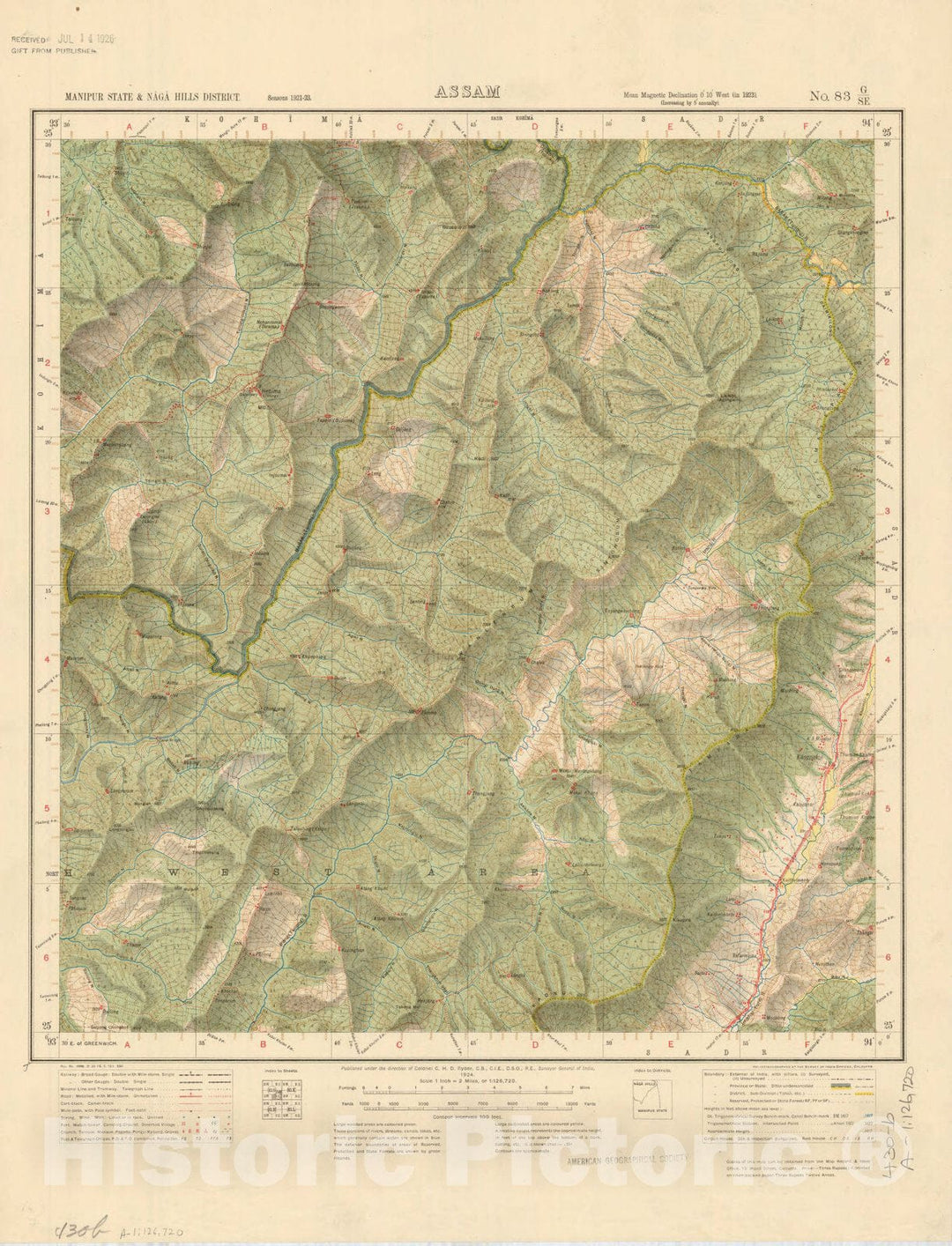 Map : Manipur State & Naga Hills District, Assam, No. 83 G/S.E. 1924, India and adjacent countries, Antique Vintage Reproduction