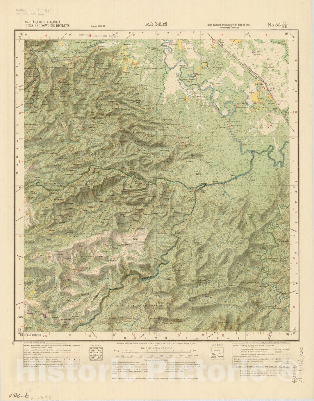 Map : Cachar, Khasi & Jaintia Hills and Nowgong Districts, Assam, No. 83 C/N.E. 1922, India and adjacent countries, Antique Vintage Reproduction