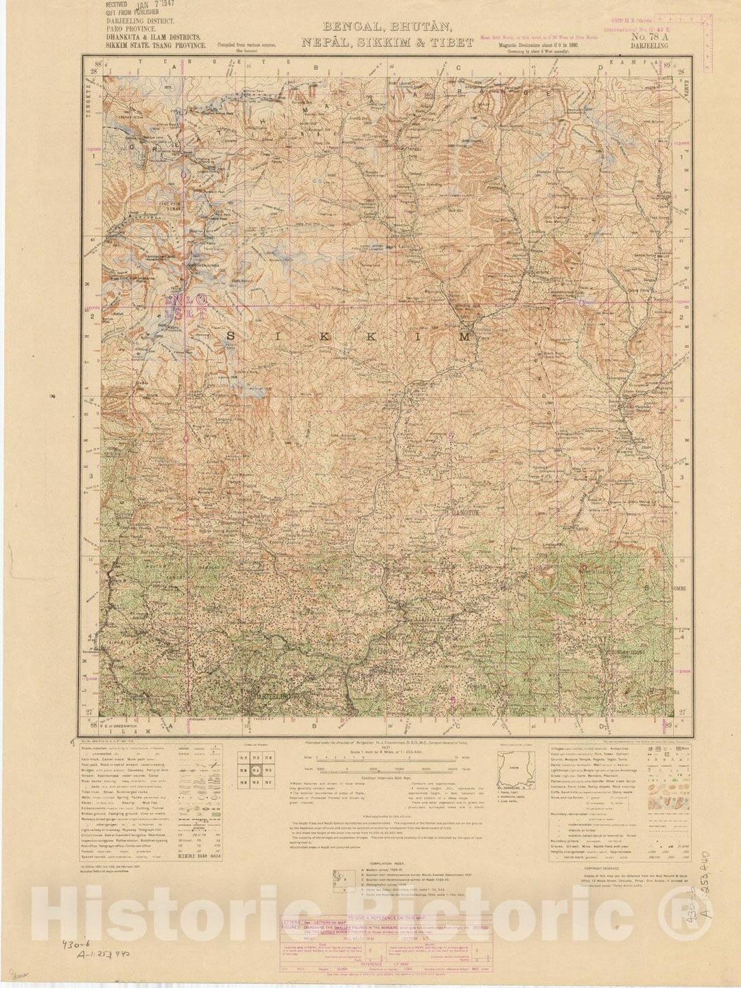 Map : Darjeeling District, Paro Province, Khankuta & Ilam Districts, Sikkim State, Tsang Province, Bengal, Bhutan, Nepal, Sikkim & Tibet No. 78 A 1937, India 1:253,440