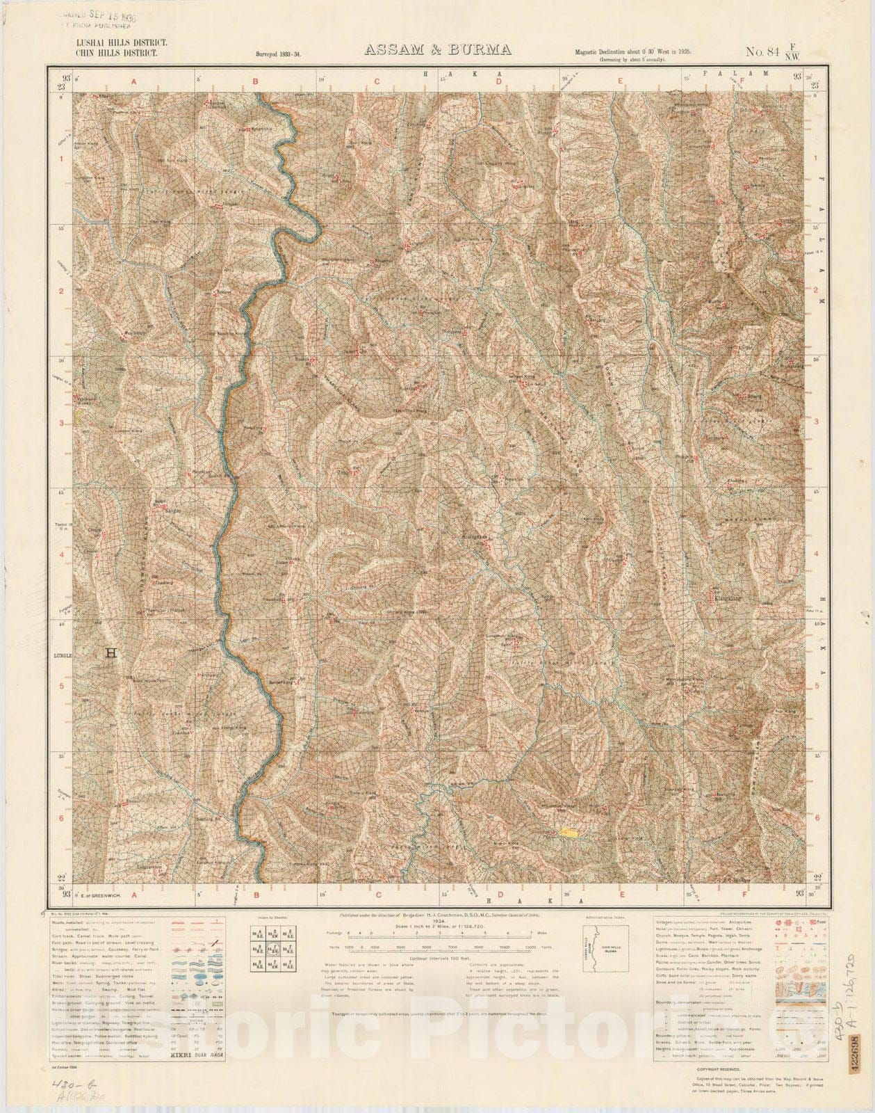 Map : Lushai Hills District, Chin Hills District, Assam & Burma, No. 84 F/N.W. 1934, India and adjacent countries, Antique Vintage Reproduction