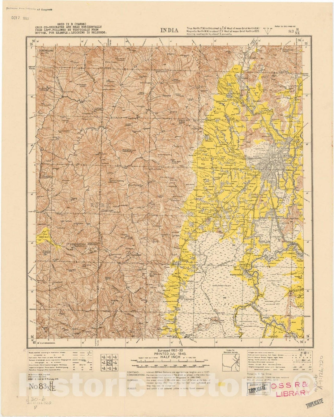 Map : India No. 83 H/N.E. 1943, India and adjacent countries, Antique Vintage Reproduction