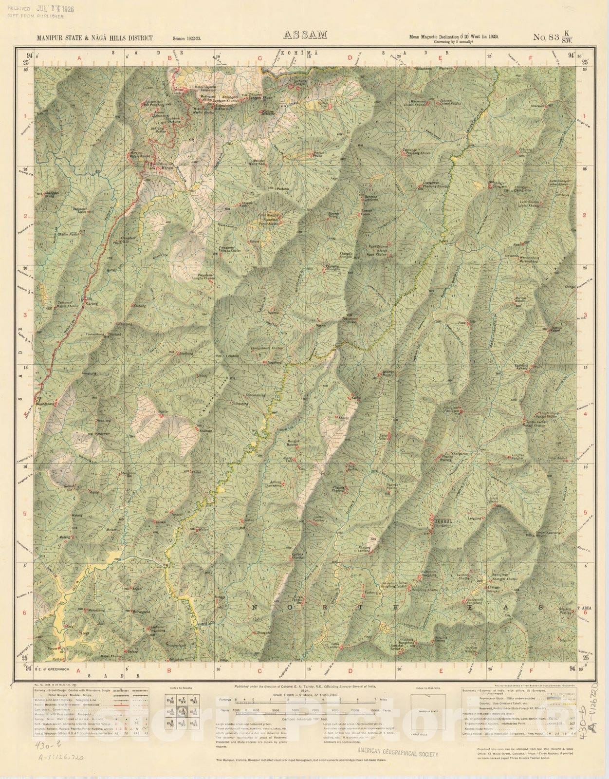 Map : Manipur State & Naga Hills District, Assam, No. 83 K/S.W. 1924 2, India and adjacent countries, Antique Vintage Reproduction