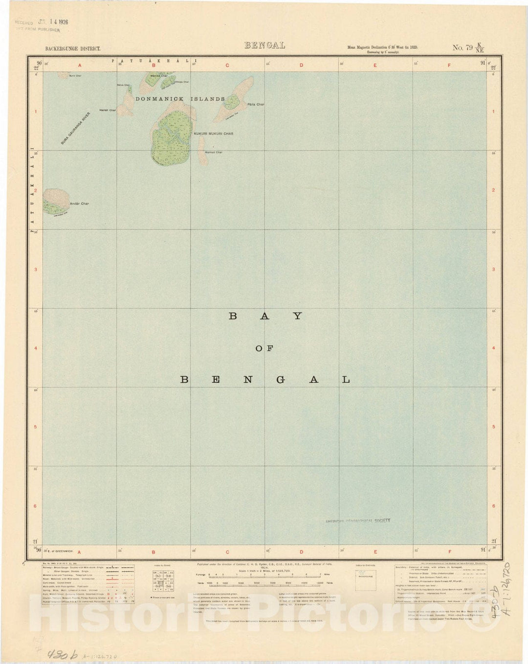 Map : Backergunge District, Bengal, No. 79 K/N.E. 1926, India and adjacent countries, Antique Vintage Reproduction