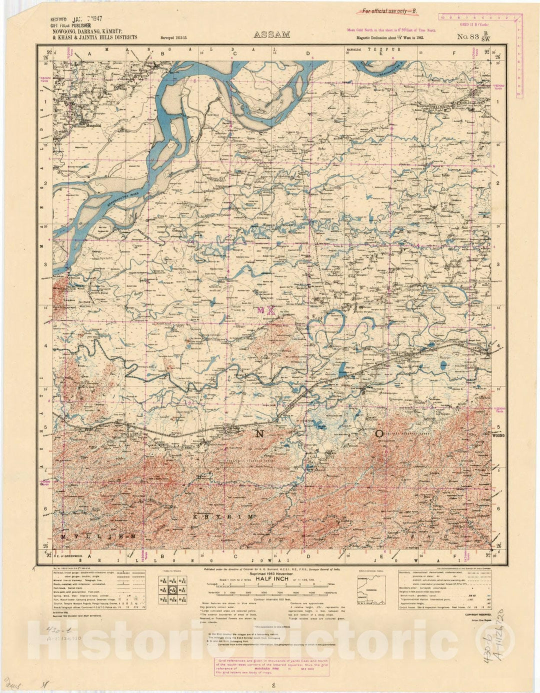 Map : Nowgong, Darrang, Kamrup & Khasi & Jaintia Hills Districts, Assam, No. 83 B/S.W. 1943, India and adjacent countries, Antique Vintage Reproduction