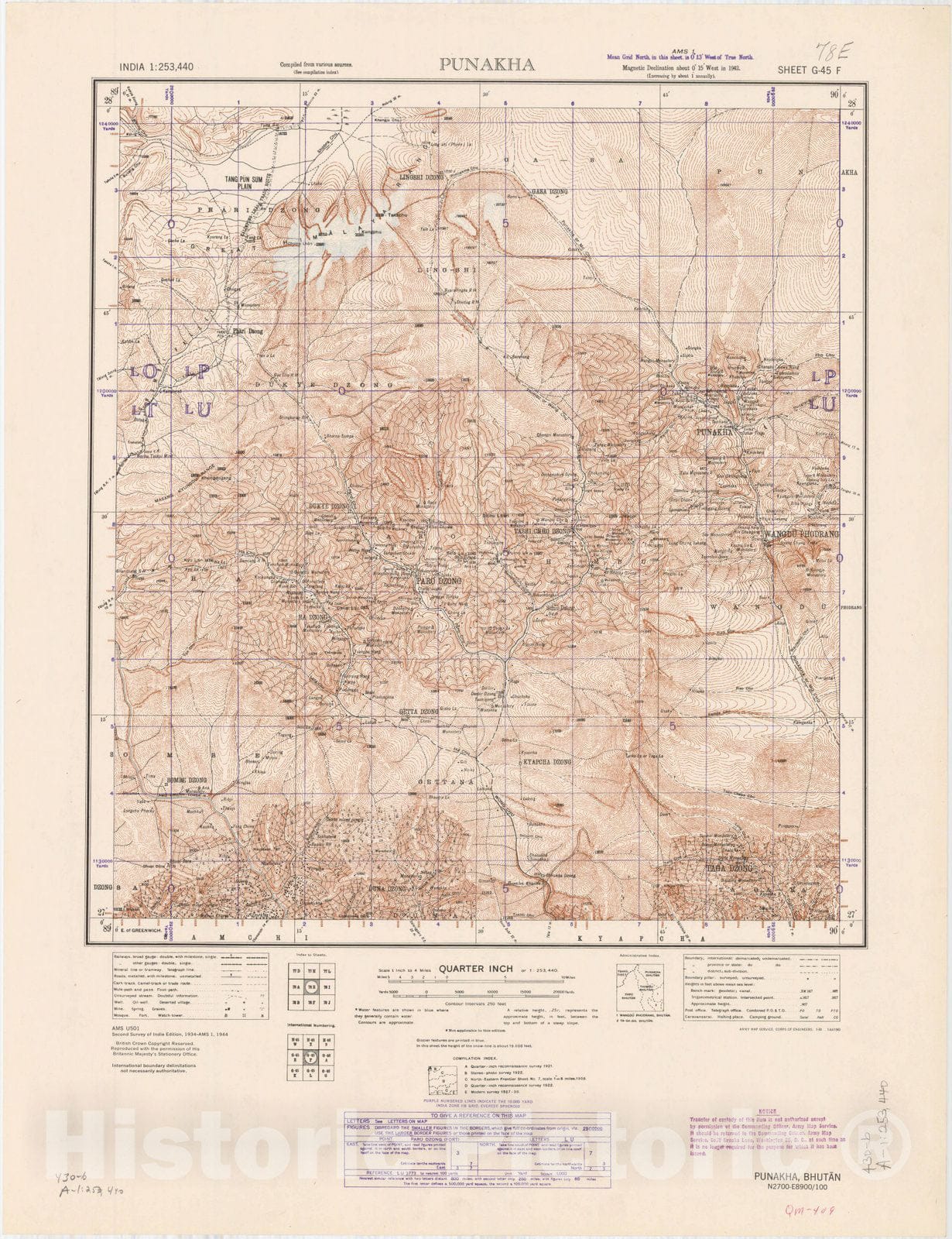 Map : Punakha, India 1944, India 1:253,440 Punakha sheet G-45 [78 E], Antique Vintage Reproduction