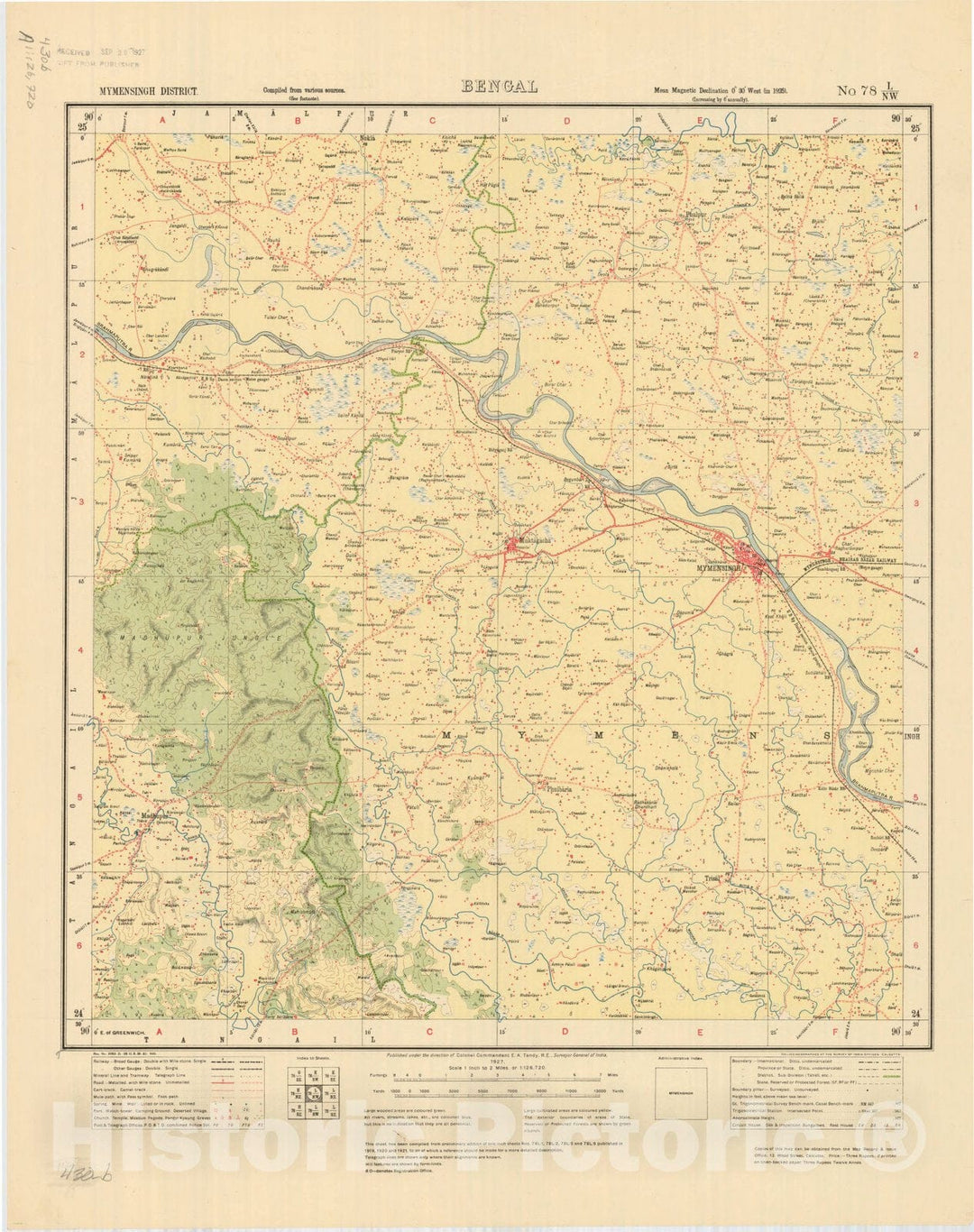 Map : Mymensingh District, Bengal, No. 78 L/N.W. 1927, India and adjacent countries, Antique Vintage Reproduction