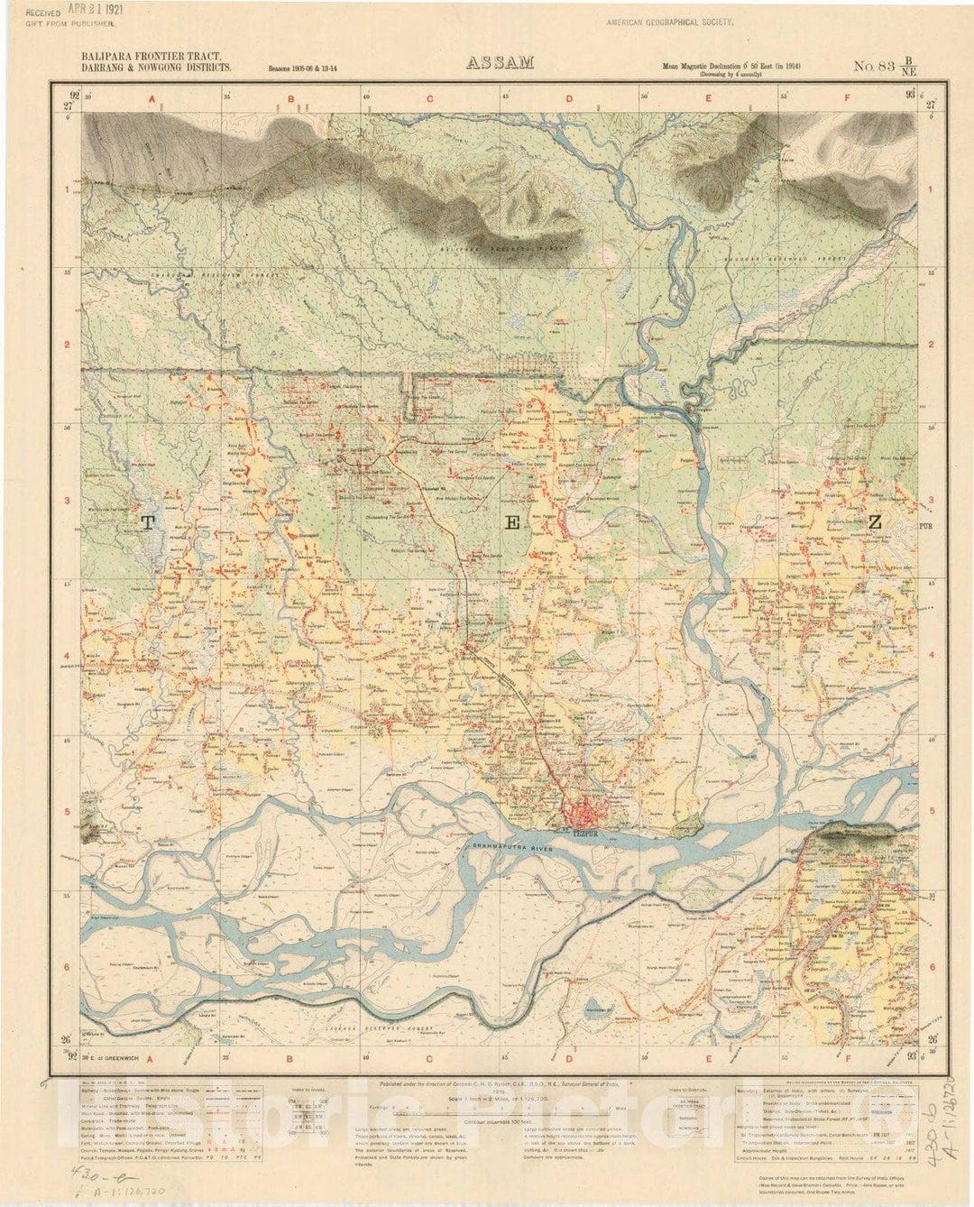 Map : Balipara Frontier Tract, Darrang & Nowgong Districts, Assam, No. 83 B/N.E. 1919, India and adjacent countries, Antique Vintage Reproduction