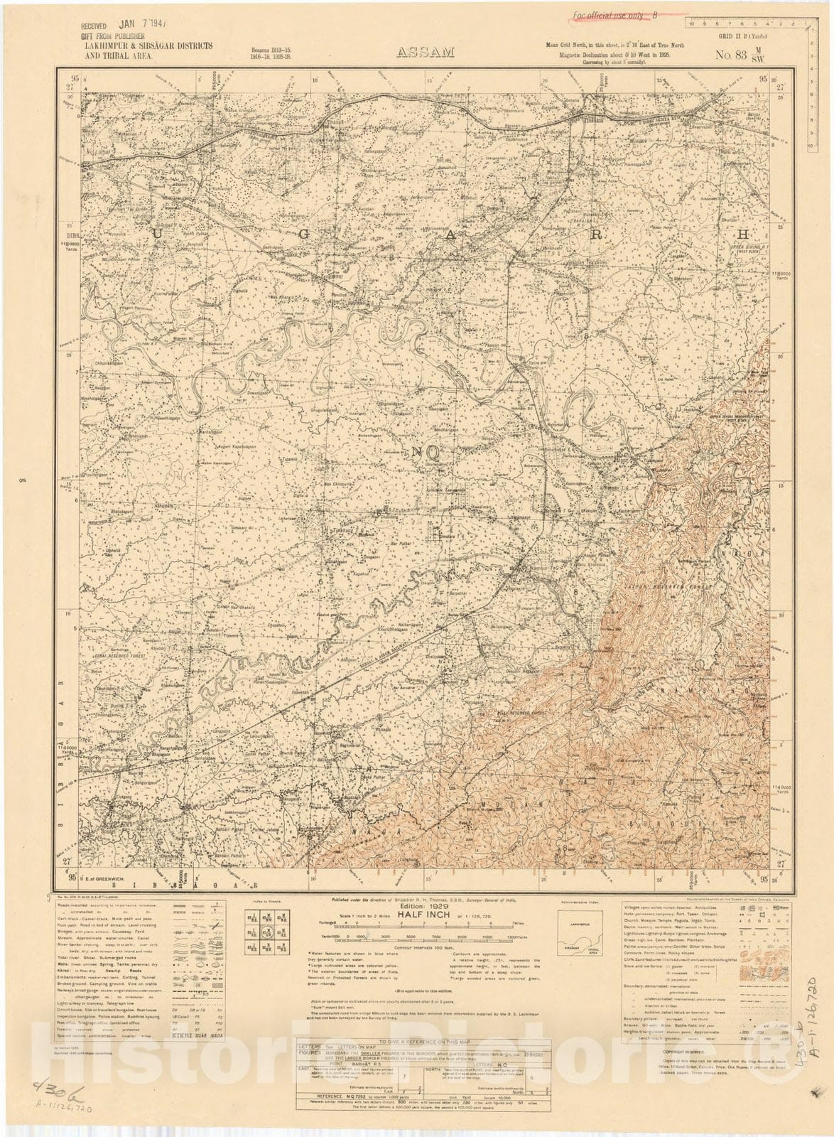 Map : Lakhimpur & Sibsagar Districts and Tribal area, Assam, No. 83 M/S.W. 1929 1943, India and adjacent countries, Antique Vintage Reproduction