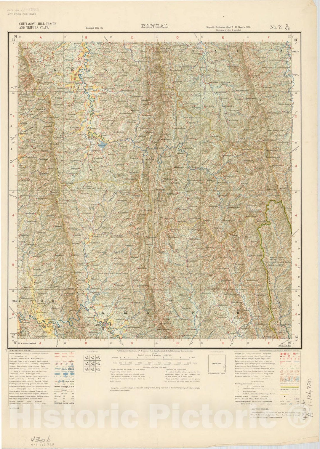 Map : Chittagong Hill Tracts and Tripura State, Bengal, No. 79 M/N.E. 1936, India and adjacent countries, Antique Vintage Reproduction