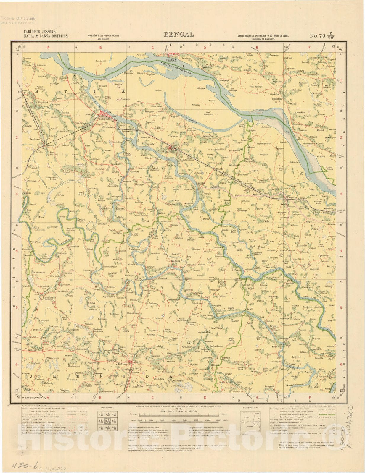 Map : Faridpur, Jessore, Nadia & Pabna Districts, Bengal, No. 79 E/N.W. 1927, India and adjacent countries, Antique Vintage Reproduction