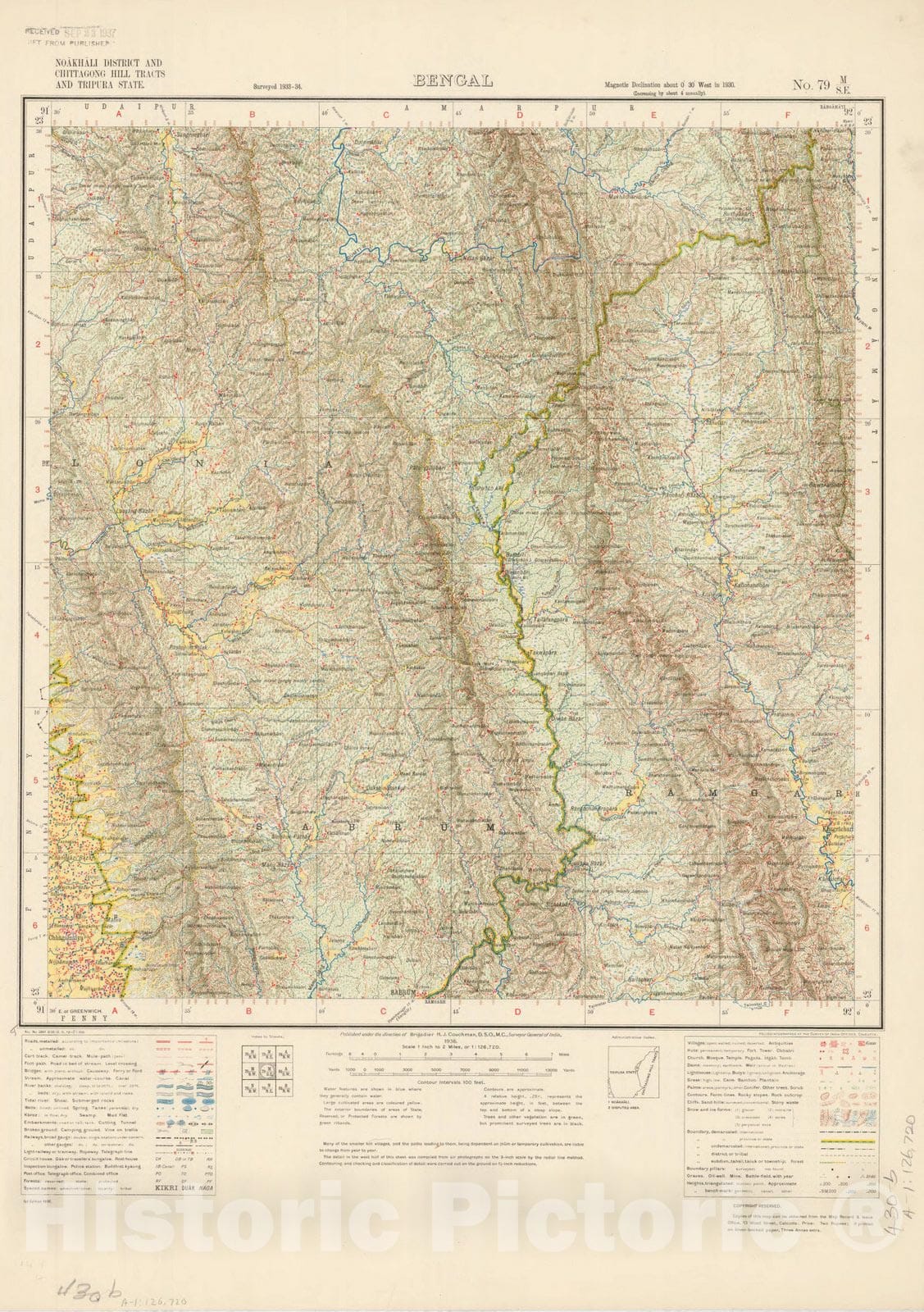 Map : Noakhali District and Chittagong Hill Tracts and Tripura State, Bengal, No. 79 M/S.E. 1936, India and adjacent countries, Antique Vintage Reproduction