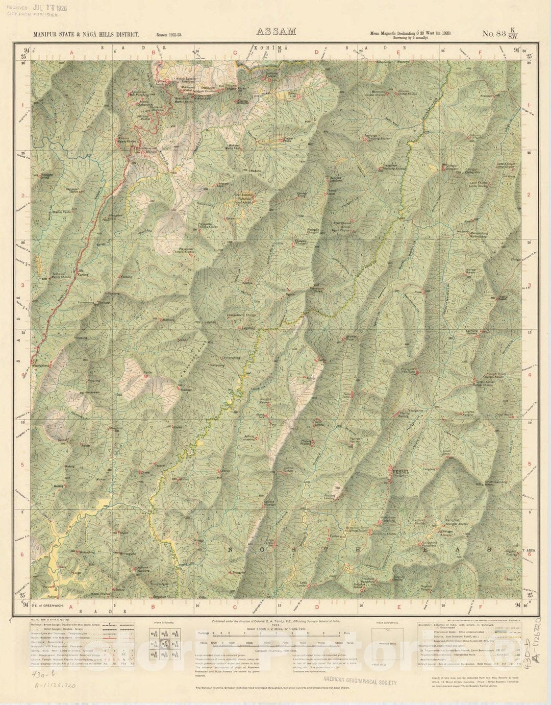 Map : Manipur State & Naga Hills District, Assam, No. 83 K/S.W. 1924 1, India and adjacent countries, Antique Vintage Reproduction