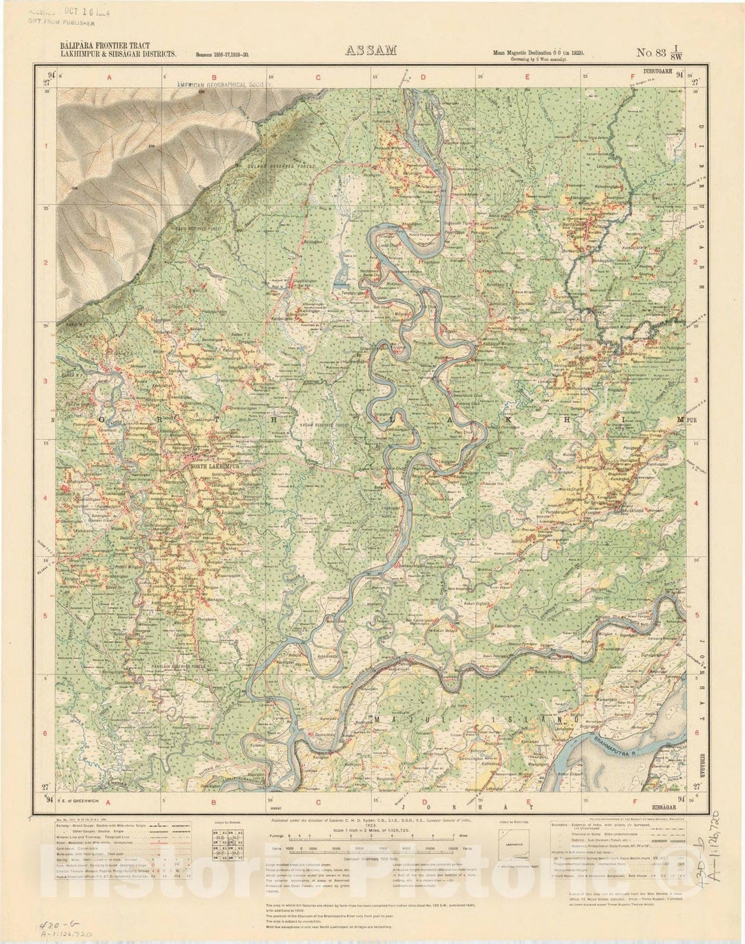 Map : Balipara Frontier Tract, Lakhimpur & Sibsagar Districts, Assam, No. 83 I/S.W. 1923, India and adjacent countries, Antique Vintage Reproduction