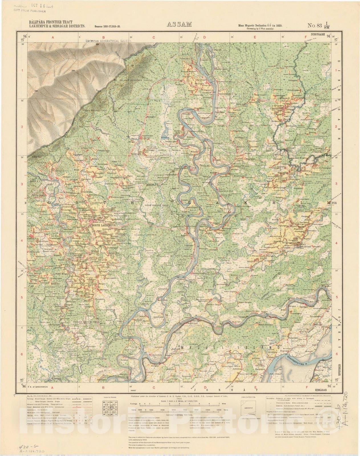 Map : Balipara Frontier Tract, Lakhimpur & Sibsagar Districts, Assam, No. 83 I/S.W. 1923, India and adjacent countries, Antique Vintage Reproduction