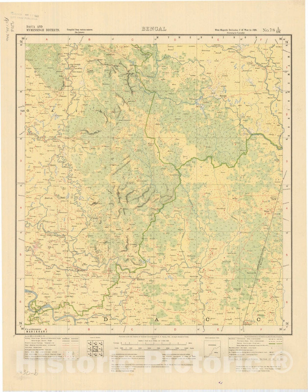 Map : Dacca and Mymensingh Districts, Bengal, No. 78 L/S.W. 1927, India and adjacent countries, Antique Vintage Reproduction