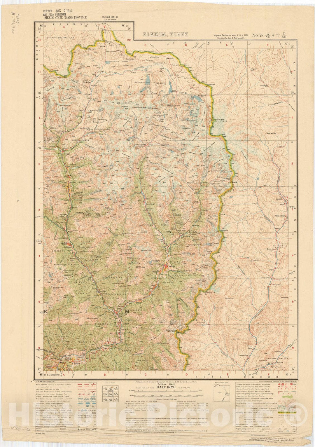 Map : Sikkim State, Tsang Province, Sikkim, Tibet, No. 78 A/N.E. & 77 D/S.E. 1941, India and adjacent countries, Antique Vintage Reproduction