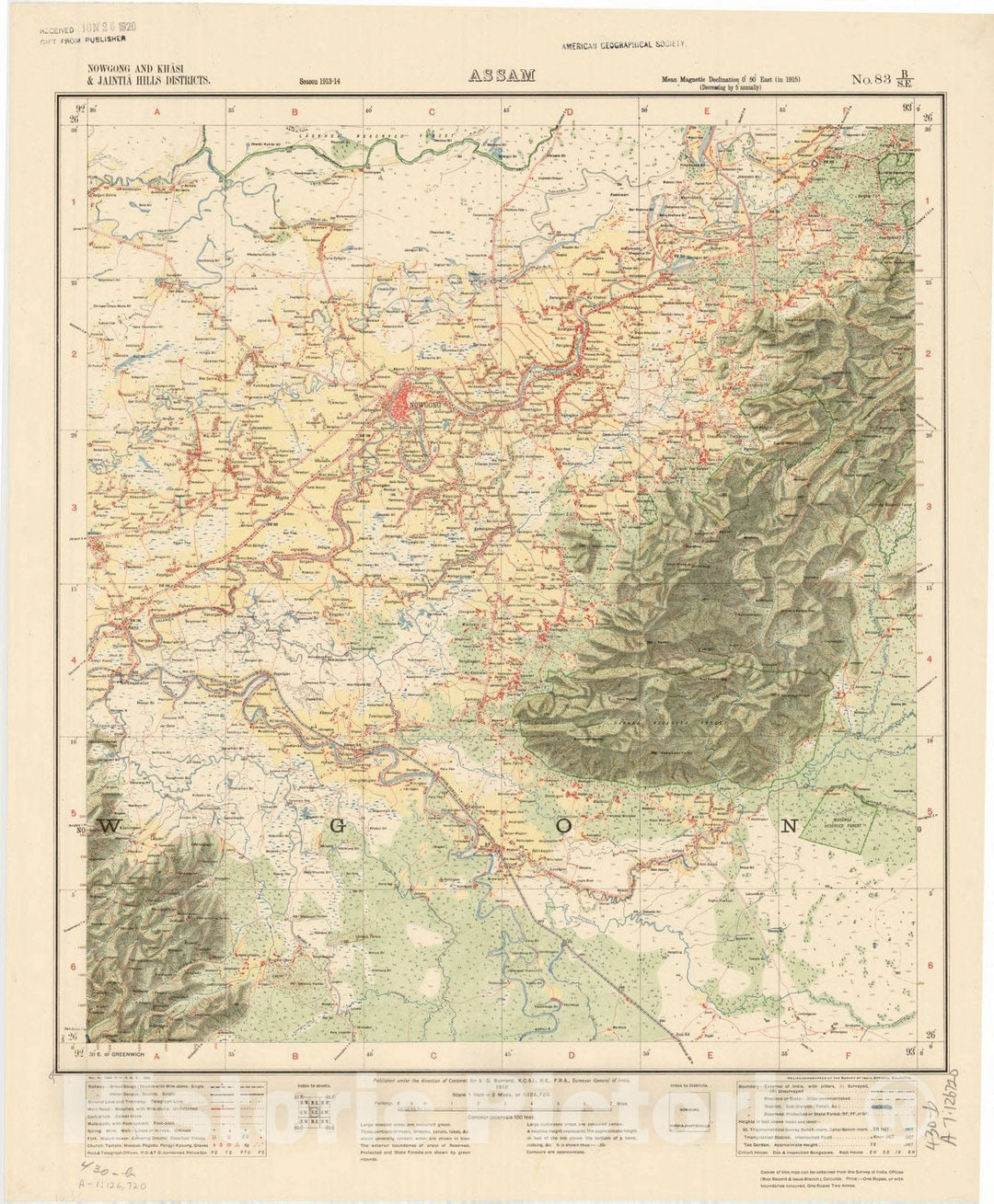 Map : Nowgong and Khasi & Jaintia Ills Districts, Assam, No. 83 B/S.E. 1918, India and adjacent countries, Antique Vintage Reproduction