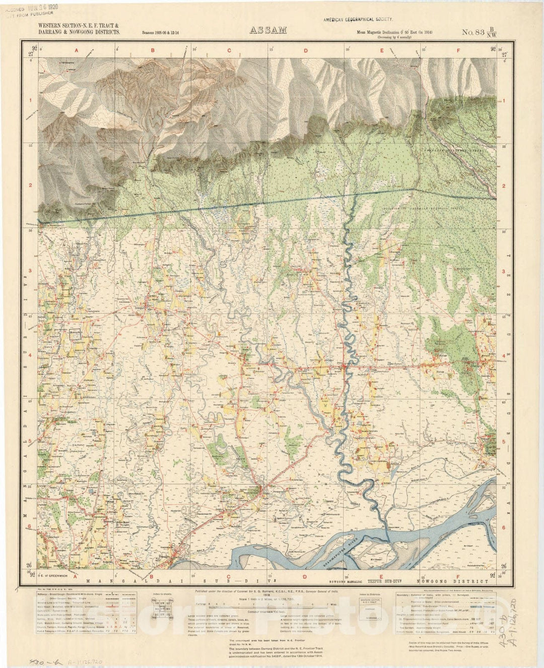 Map : Western Section-N.E.F. Tract & Darrang & Nowgong Districts, Assam, No. 83 B/N.W. 1918, India and adjacent countries, Antique Vintage Reproduction