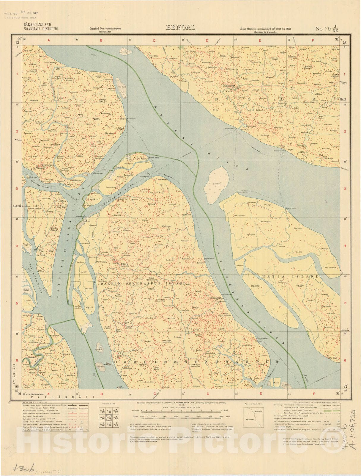 Map : Bakarganj and Moakhali Districts, Bengal, No. 79 I/N.E. 1926, India and adjacent countries, Antique Vintage Reproduction