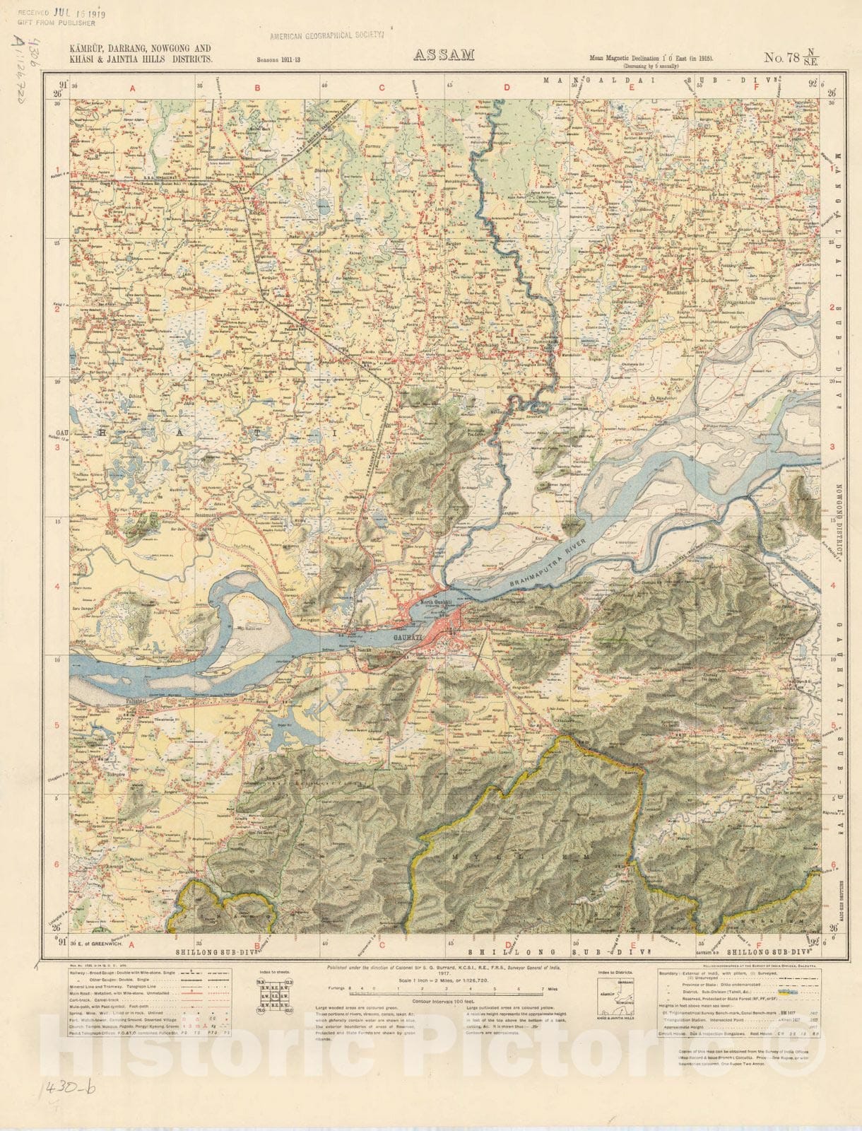 Map : Kamrup, Darrang, Nowgong and Khasi & Jaintia Hills Districts, Assam, No. 78 N/S.E. 1917, India and adjacent countries, Antique Vintage Reproduction