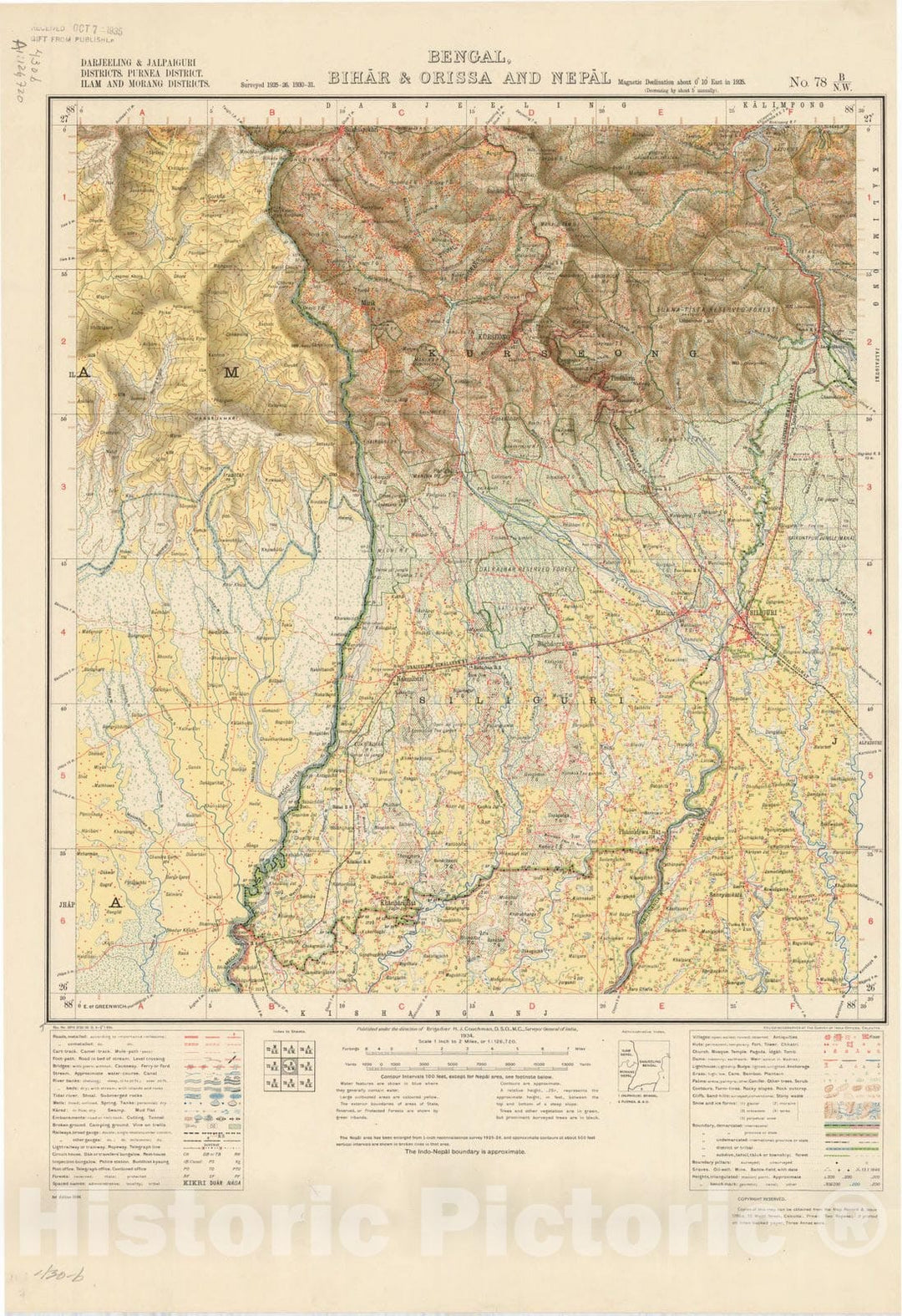 Map : Darjeeling & Jalpaiguri Districts, Purnea District, Ilam and Morang District, Bengal, Bihar & Orissa and Nepal, No. 78 B/N.W.1934, India and adjacent countries