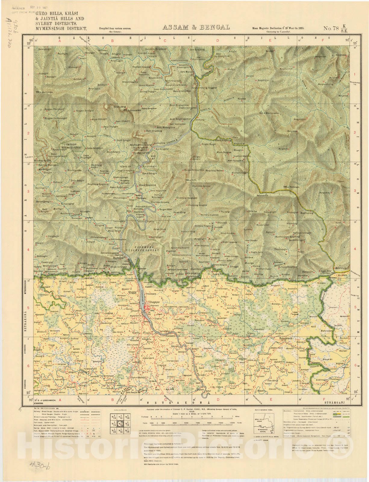 Map : Garo Hills, Khasi & Jaintia Hills and Sylhet Districts, Mymensingh District, Assam & Bengal, No. 78 K/S.E. 1926, India and adjacent countries