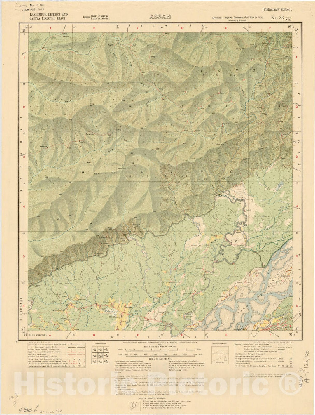 Map : Lakhimur District and Sadiya Frontier Tract, Assam, No. 83 I/N.E. 1928, India and adjacent countries, Antique Vintage Reproduction