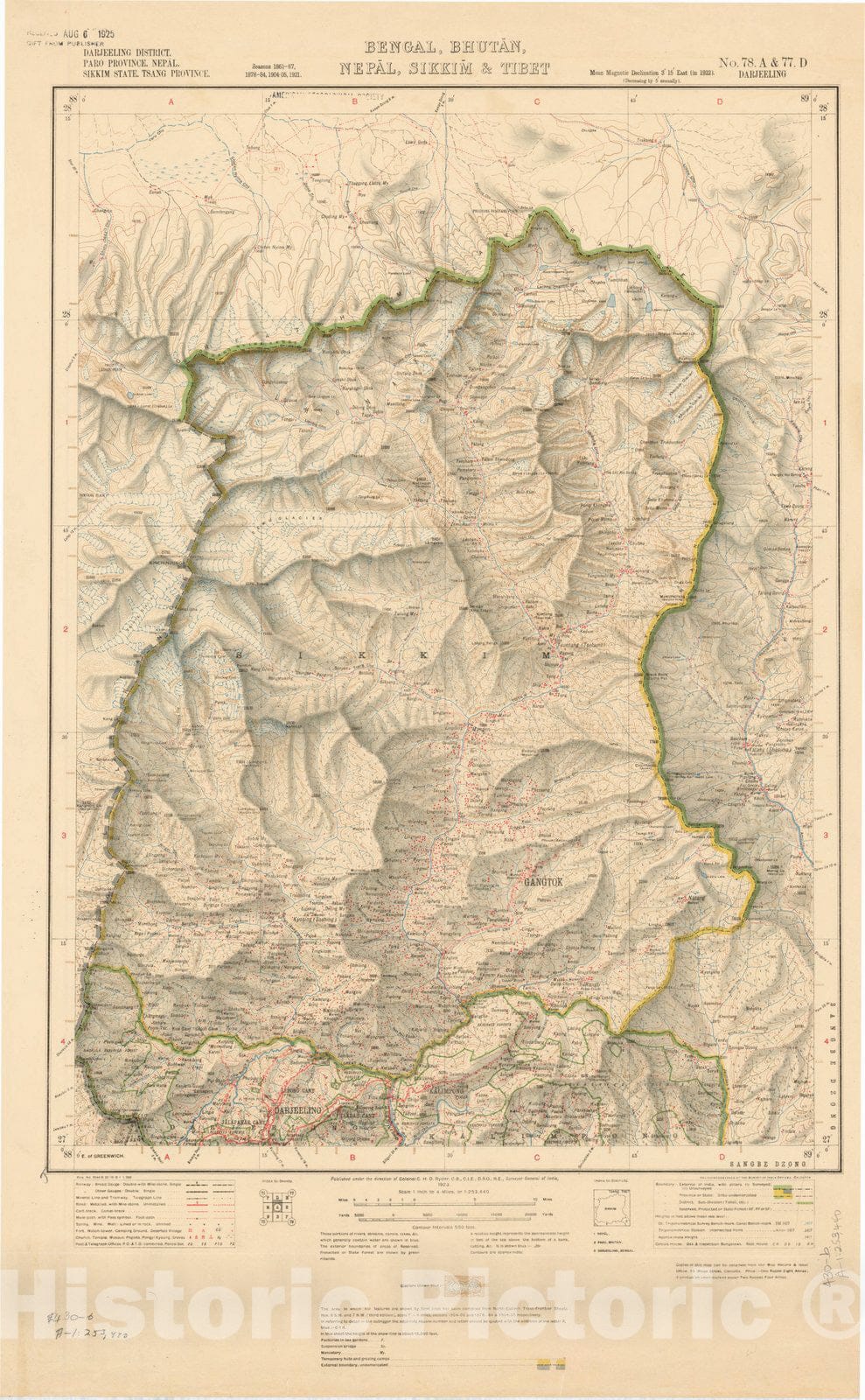 Map : Darjeeling District, Paro Province, Nepal, Sikkim State, Tsang Province, Bengal, Bhutan, Nepal, Sikkim & Tibet, No. 78 A & 77 D 1923, India and adjacent countries