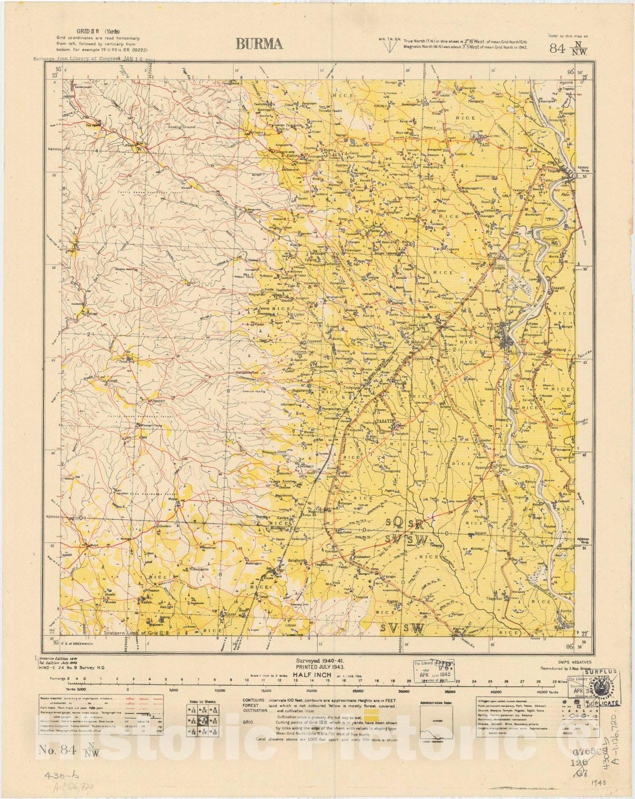 Map : Burma, No. 84 N/N.W. 1943, India and adjacent countries, Antique Vintage Reproduction