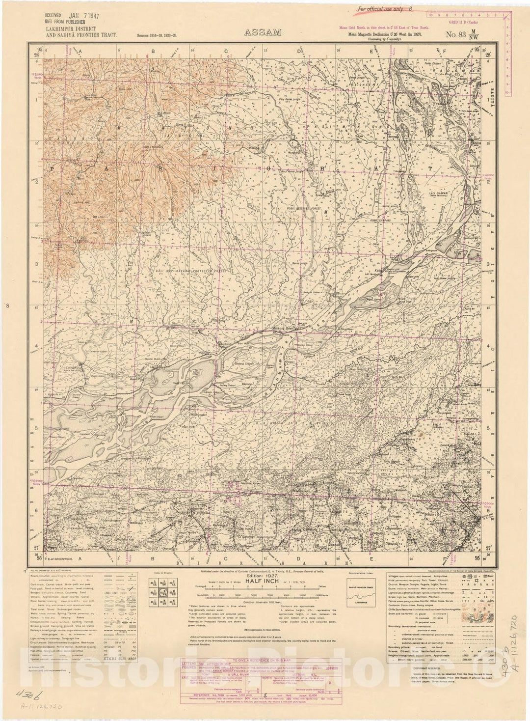 Map : Lakhimpur District and Sadiya Frontier Tract, Assam, No. M/N.W. 1927, India and adjacent countries, Antique Vintage Reproduction