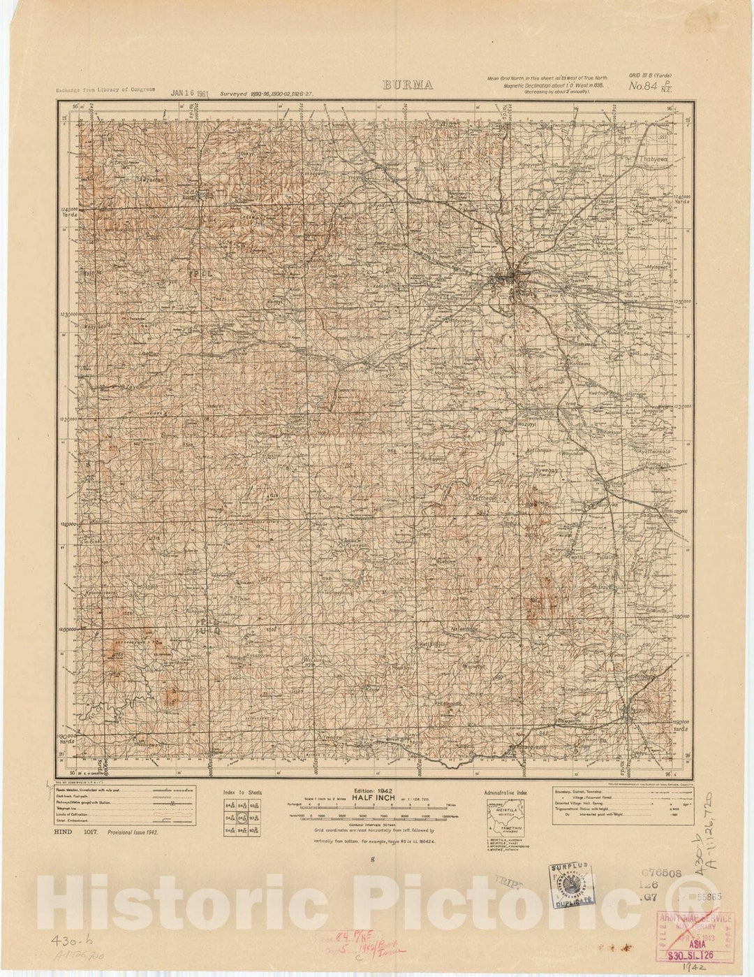 Map : Burma, No. 84 P/N.E. 1942, India and adjacent countries, Antique Vintage Reproduction