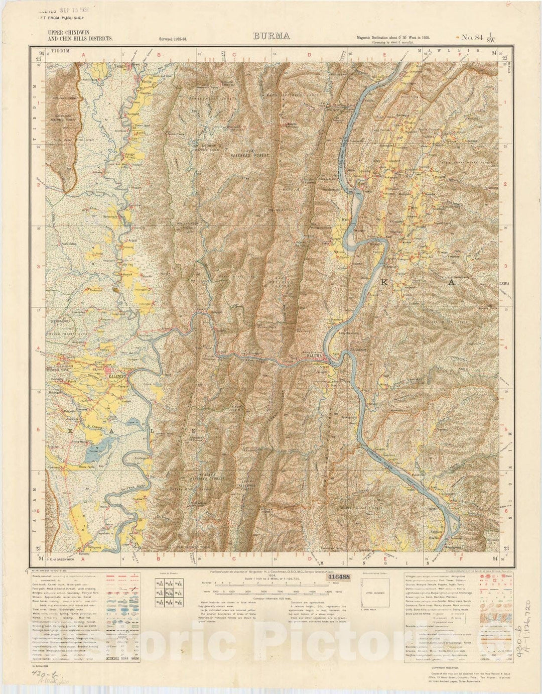 Map : Upper Chindwin and Chin Hills Districts, Burma, No. 84 I/S.W. 1934, India and adjacent countries, Antique Vintage Reproduction