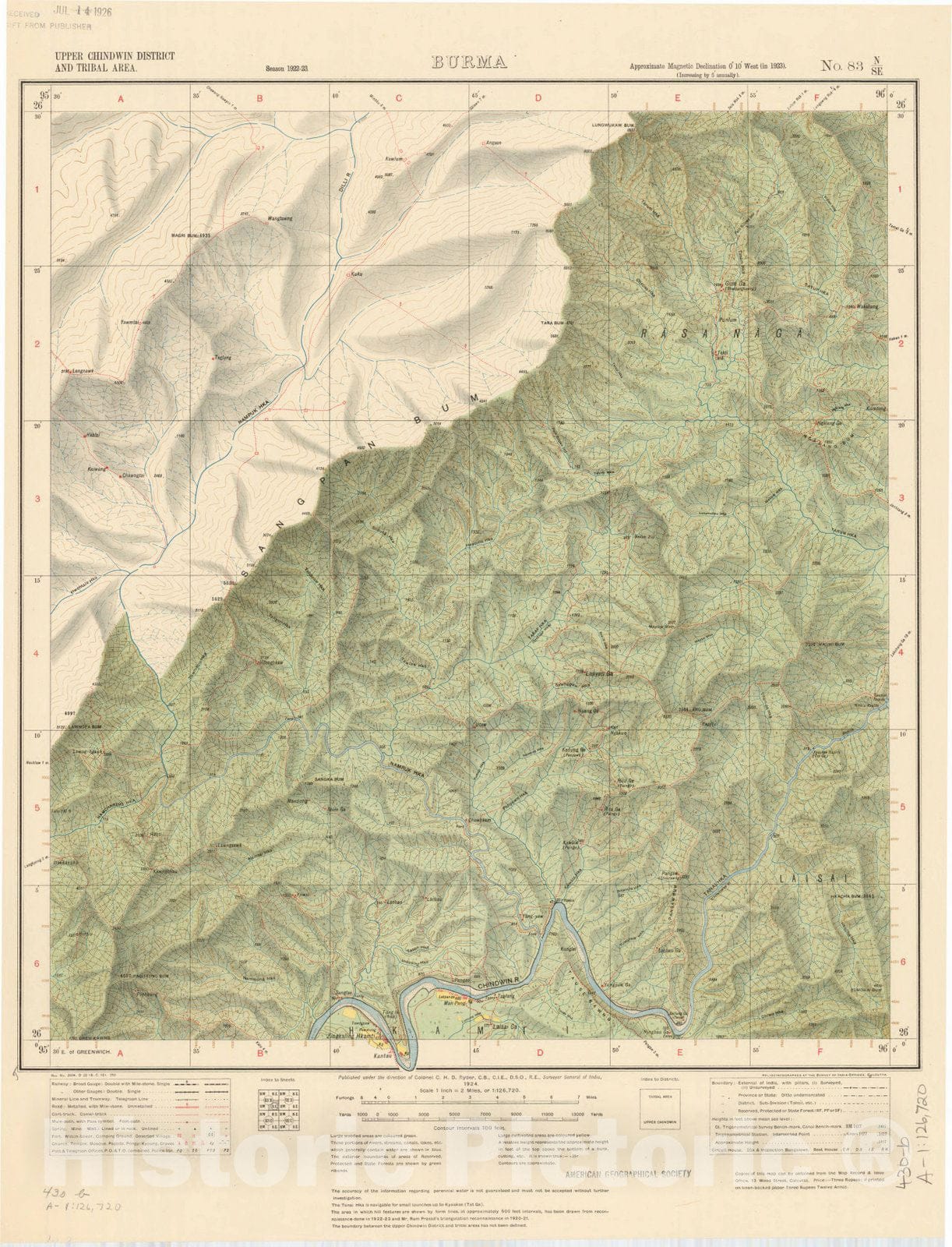 Map : Upper Chindwin District and Tribal area, Burma, No. 83 N/S.E. 1924, India and adjacent countries, Antique Vintage Reproduction