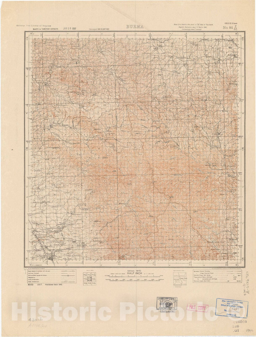 Map : Magwe & Yamethin Districts, Burma, No. 84 P/S.E. 1942, India and adjacent countries, Antique Vintage Reproduction