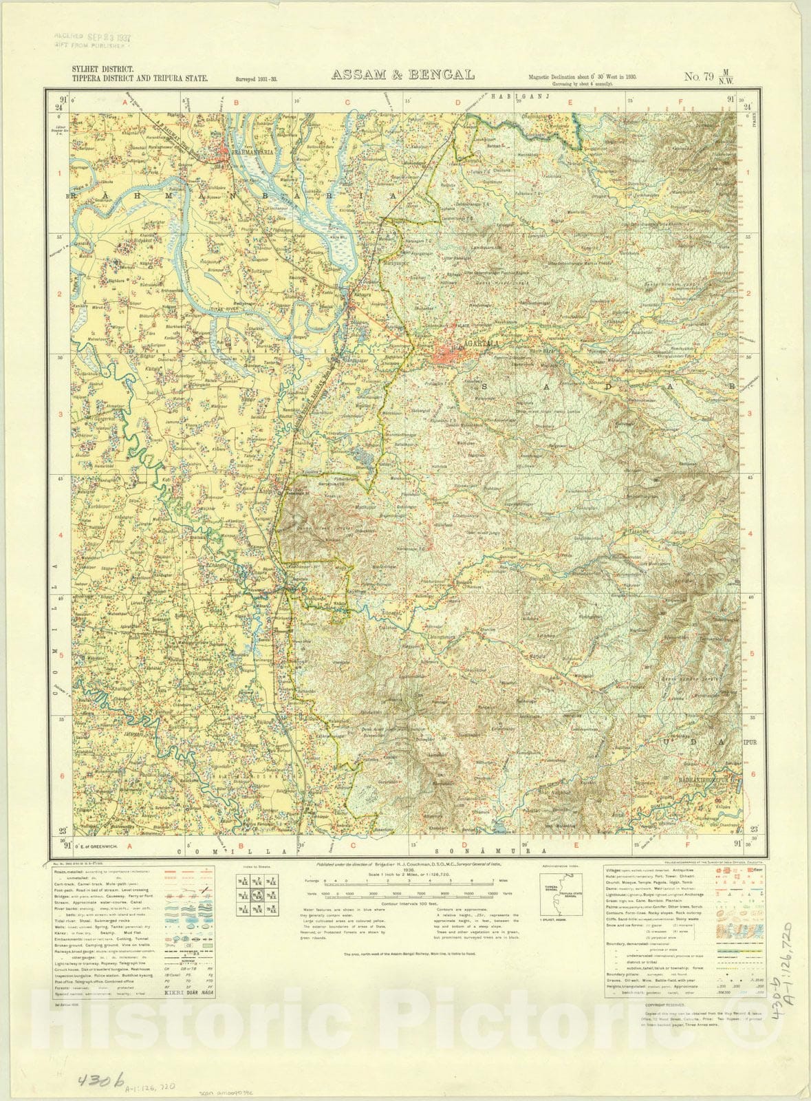 Map : Sylhet District, Tippera District and Tripura State, Assam & Bengal, No. 79 M/N.W. 1936, India and adjacent countries, Antique Vintage Reproduction