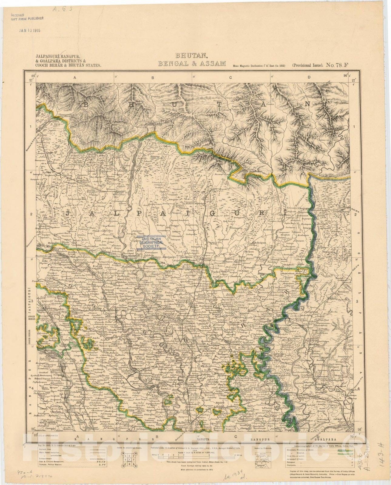 Map : Jalpaiguri, Rangpur & Goalpara Districts & Cooch Behar & Bhutan States, Bhutan, Bengal & Assam, No. 78 F 1914, India 1:253,440, Antique Vintage Reproduction