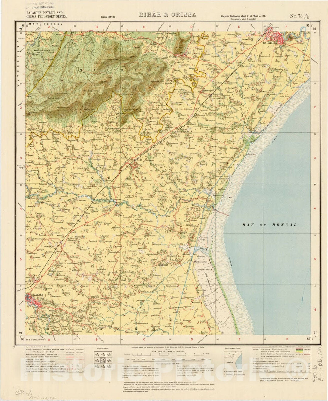 Map : Balasore District and Orissa Feudatory States, Bihar & Orissa, No. 73 K/S.E. 1930, India and adjacent countries, Antique Vintage Reproduction