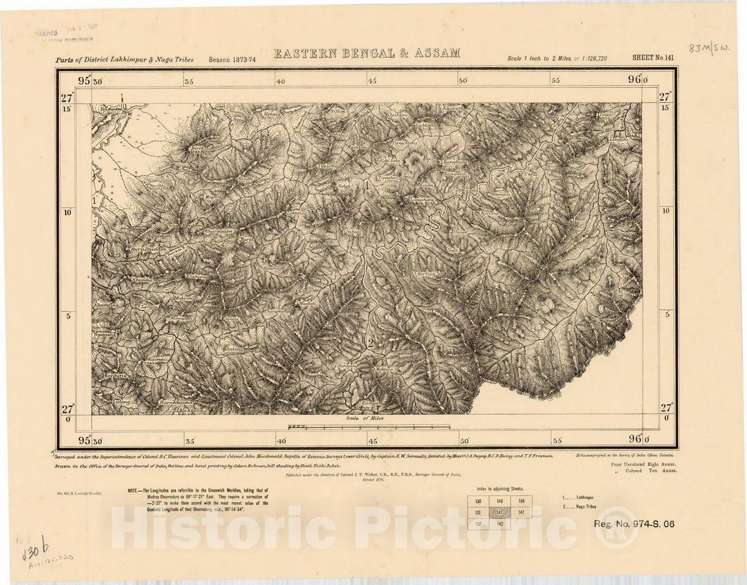 Map : Parts of District Lakhimpur & Naga Tribes, eastern Bengal & Assam, Sheet no. 141 [83 M/S.W.] 1906, India and adjacent countries, Antique Vintage Reproduction