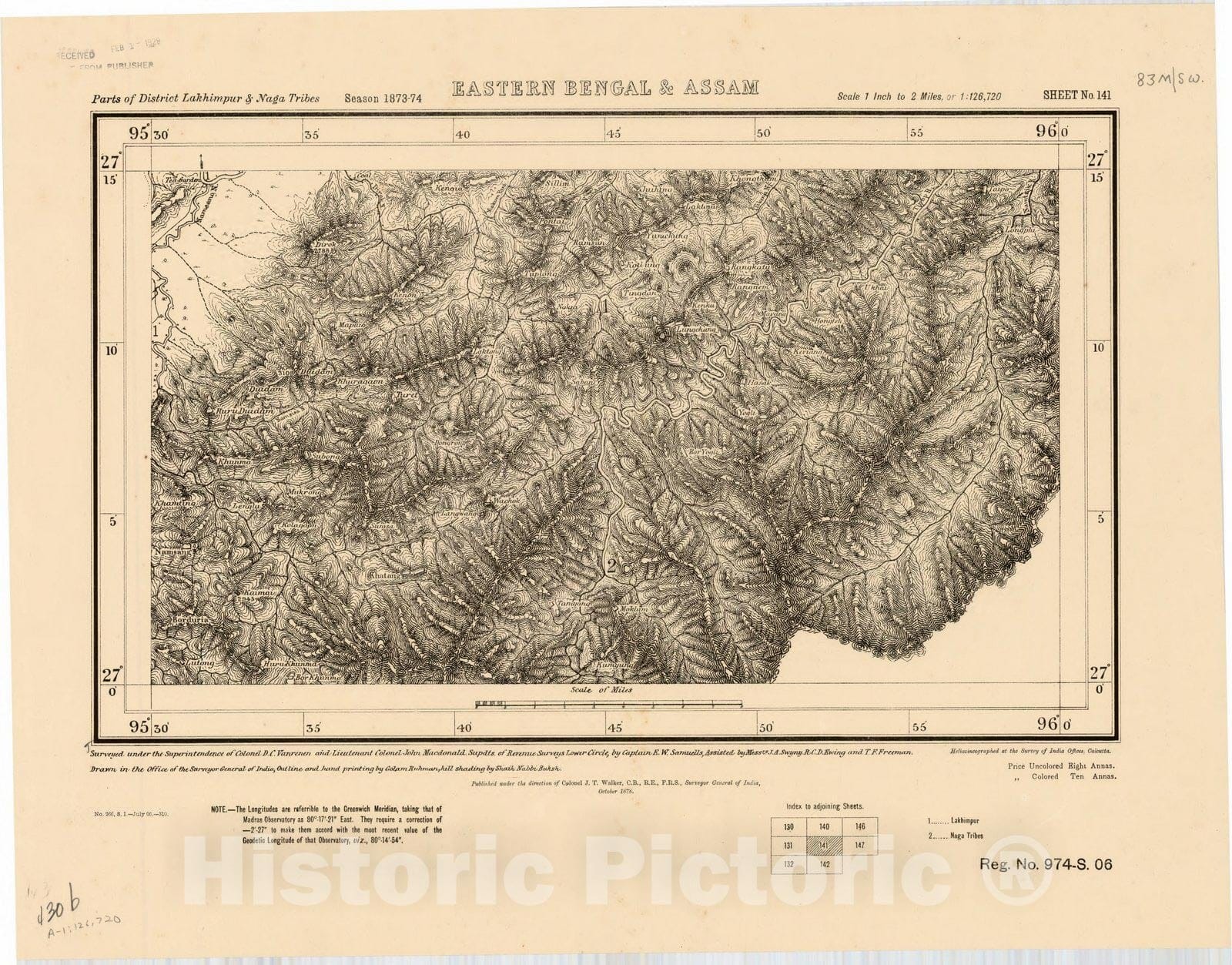 Map : Parts of District Lakhimpur & Naga Tribes, eastern Bengal & Assam, Sheet no. 141 [83 M/S.W.] 1906, India and adjacent countries, Antique Vintage Reproduction