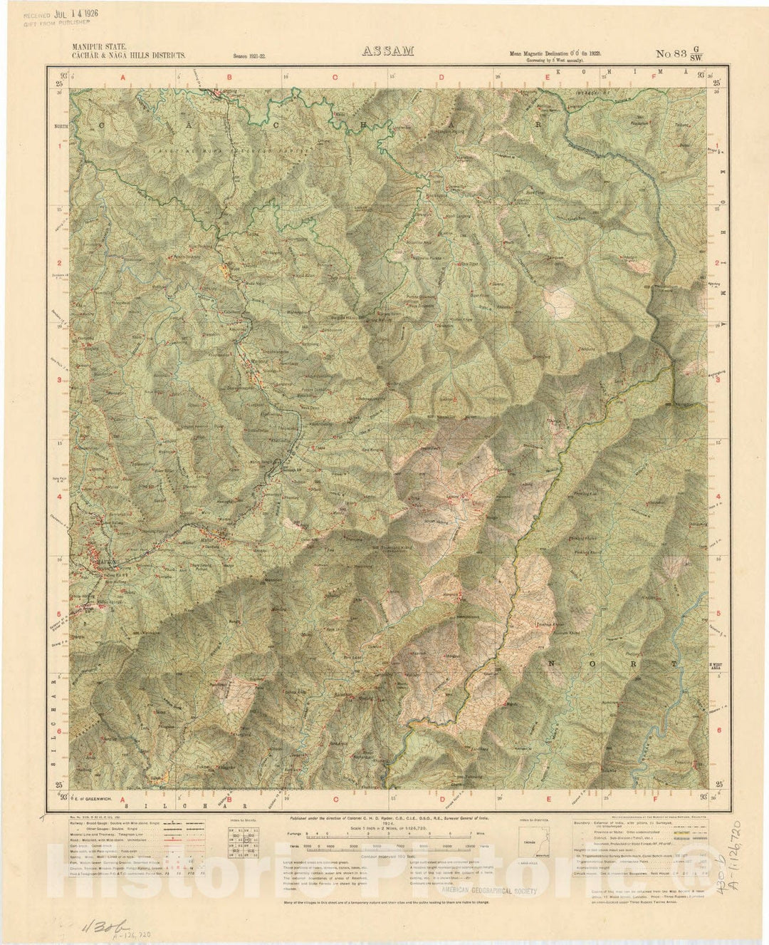 Map : Manipur State, Cachar & Naga Hills Districts, Assam, No. 83 G/S.W. 1924, India and adjacent countries, Antique Vintage Reproduction