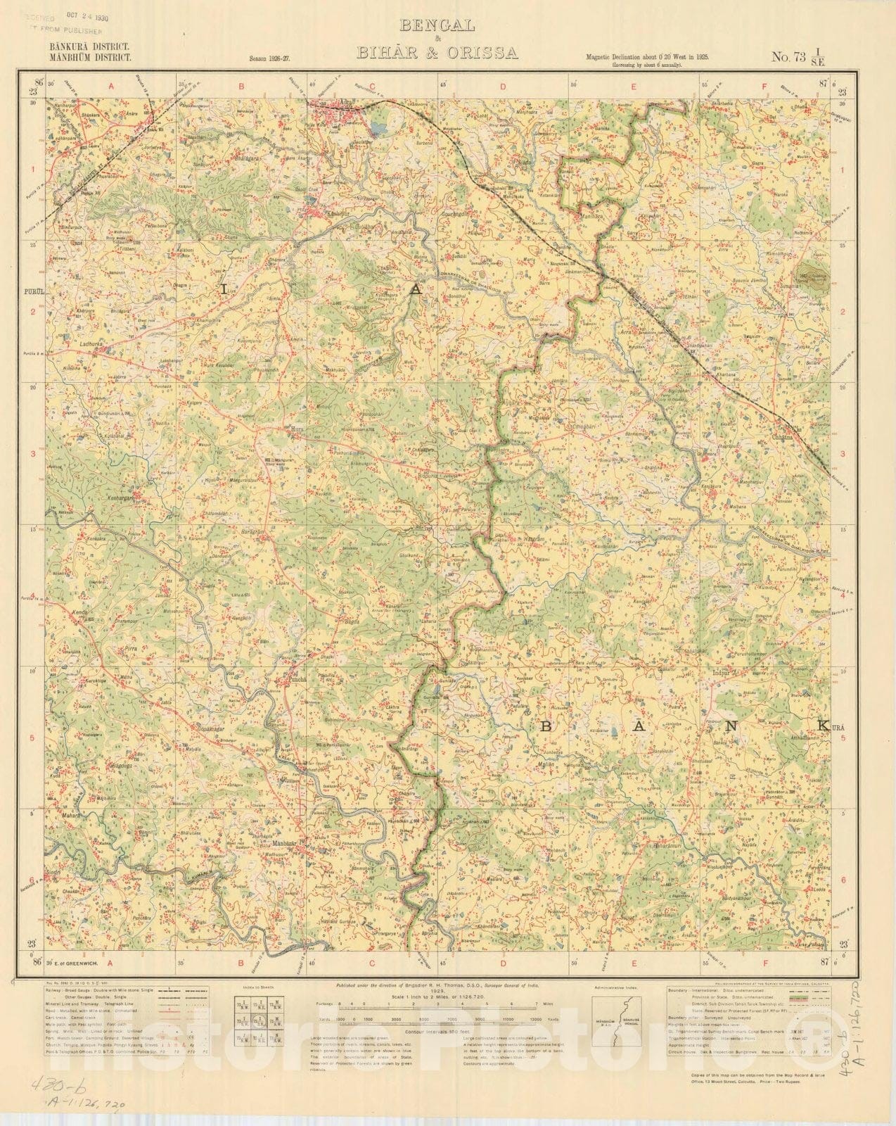 Map : Bankura District, Manbhum District, Bengal & Bihar & Orissa, No. 73 I/S.E. 1929, India and adjacent countries, Antique Vintage Reproduction