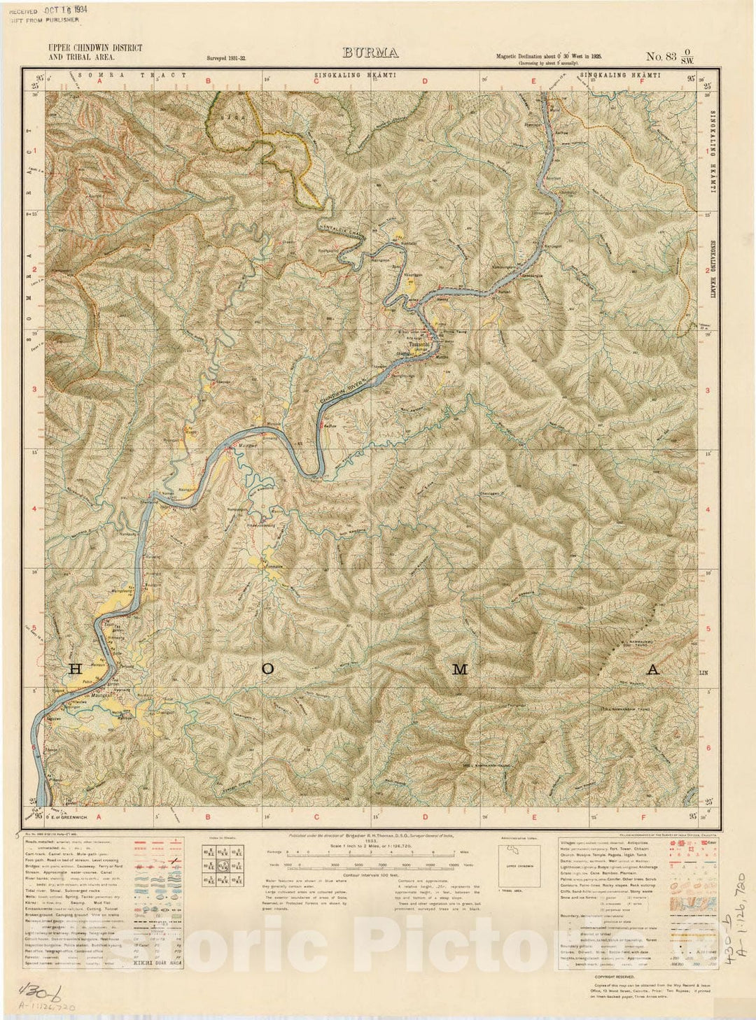 Map : Upper Chindwin District and Tribal area, Burma, No. 83 O/S.W. 1933, India and adjacent countries, Antique Vintage Reproduction