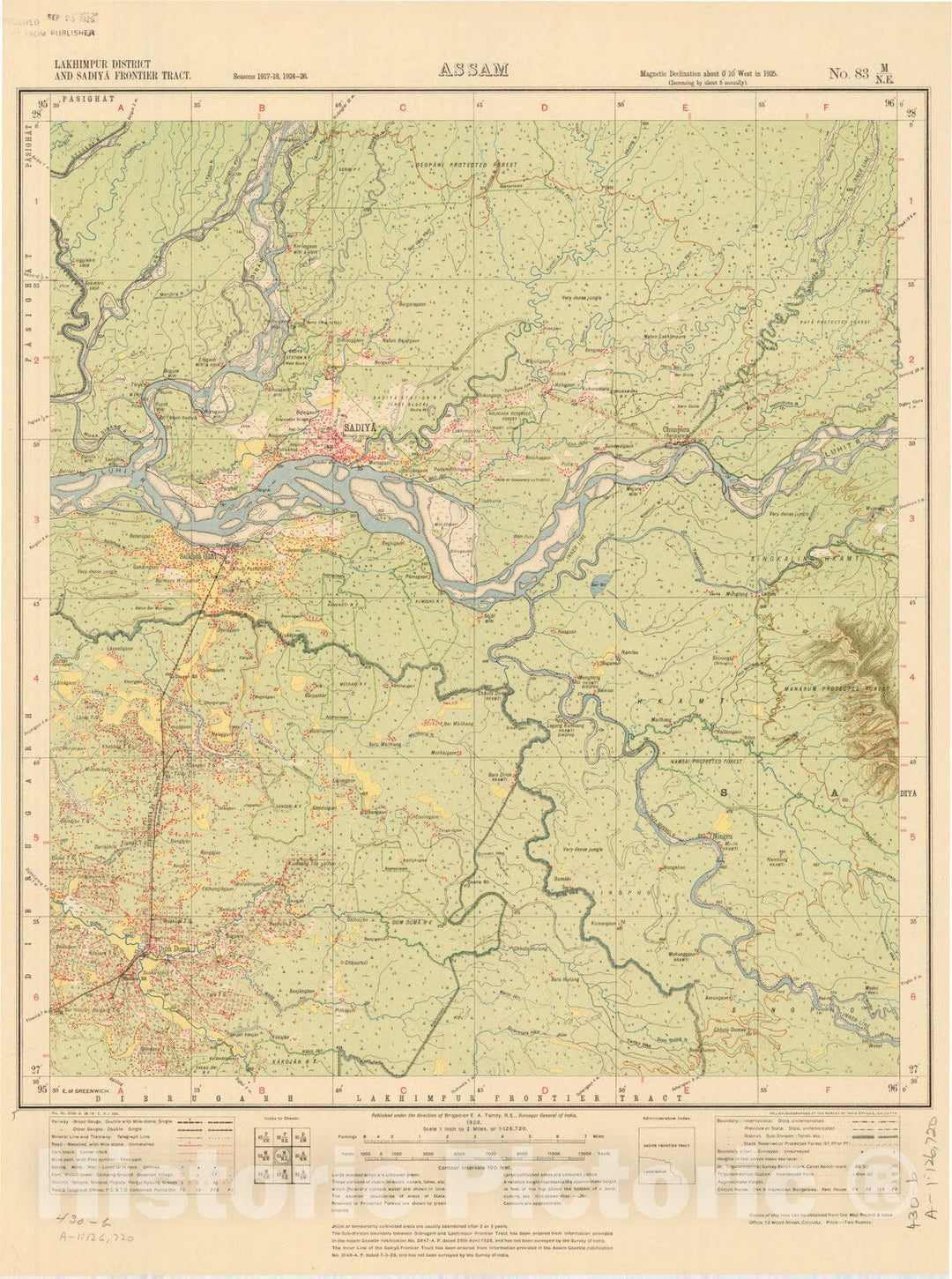 Map : Lakhimpur District and Sadiya Frontier Tract, Assam, No. 83 M/N.E. 1928, India and adjacent countries, Antique Vintage Reproduction