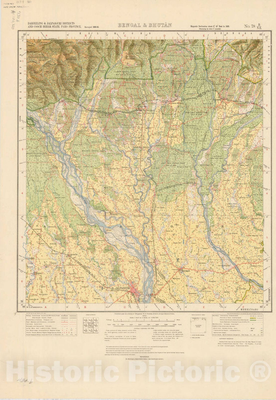 Historic Map : Darjeeling & Jalpaiguri Districts and Cooch Behar State, Paro Province, Bengal & Bhutan, No. 78 B/N.E. 1932, India and adjacent countries, Antique Vintage Reproduction