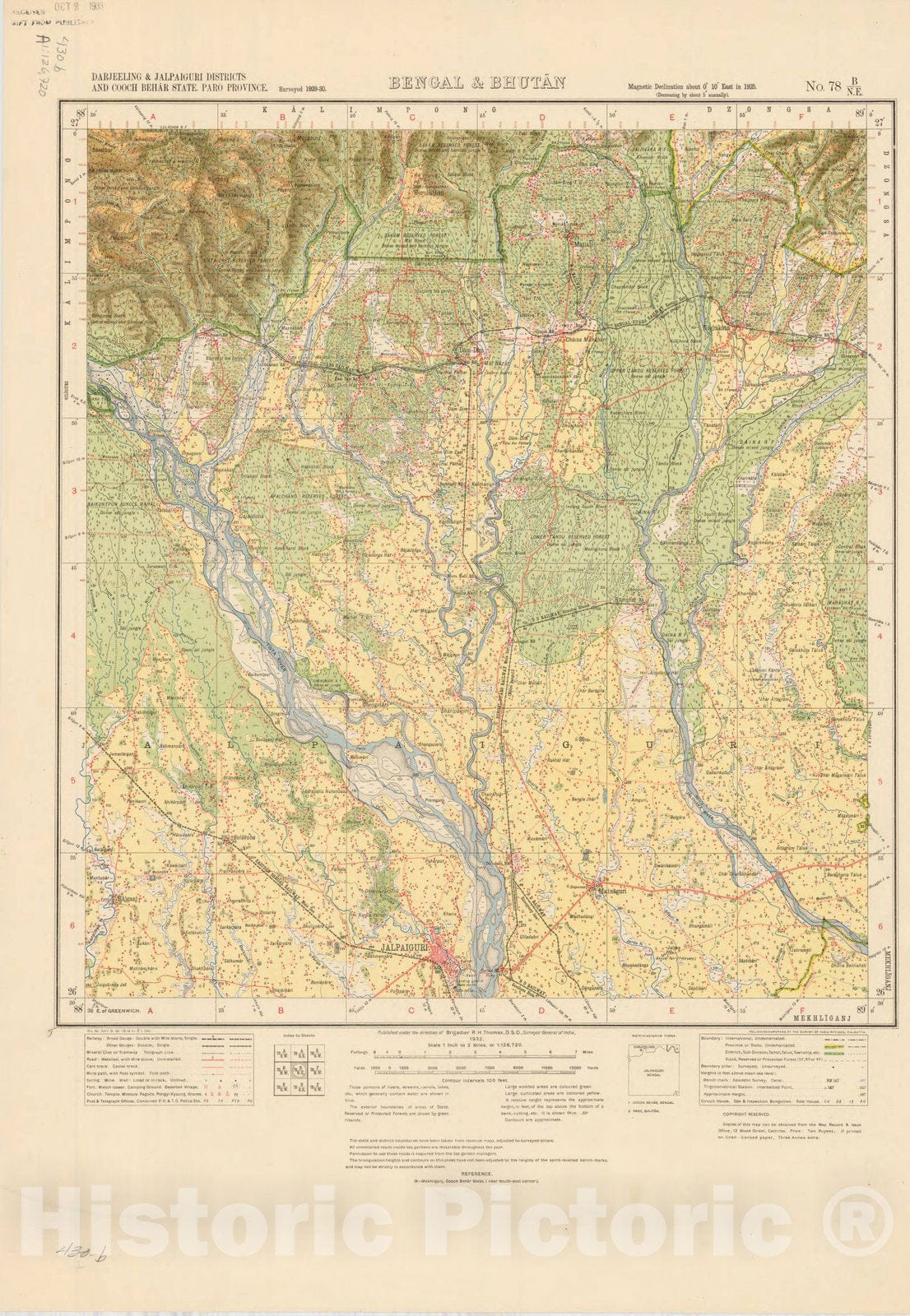 Historic Map : Darjeeling & Jalpaiguri Districts and Cooch Behar State, Paro Province, Bengal & Bhutan, No. 78 B/N.E. 1932, India and adjacent countries, Antique Vintage Reproduction