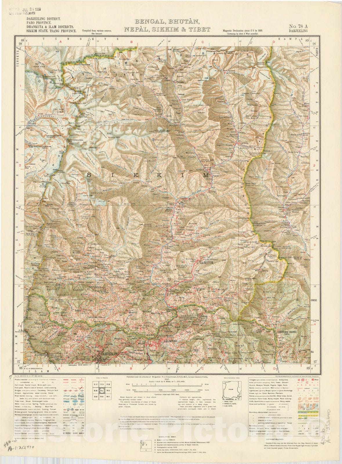 Map : Darjeeling District, Paro Province, Dhankuta & Ilam Districts, Sikkim State, Tsang Province, Bengal, Bhutan, Nepal, Sikkim & Tibet, No. 78 A 1937, India 1:253,440